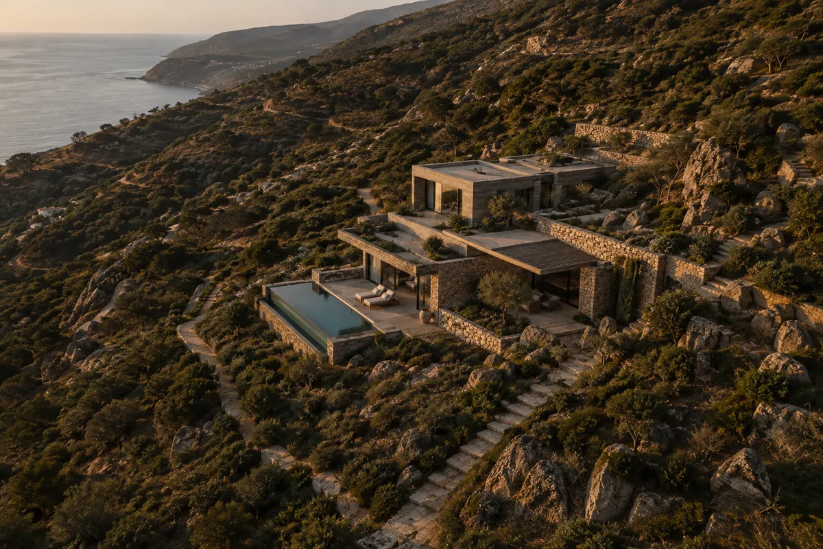 Vista aérea oblicua de Cota 21 implantada en una ladera costera rocosa, con plataformas, piscina y recorridos de acceso
