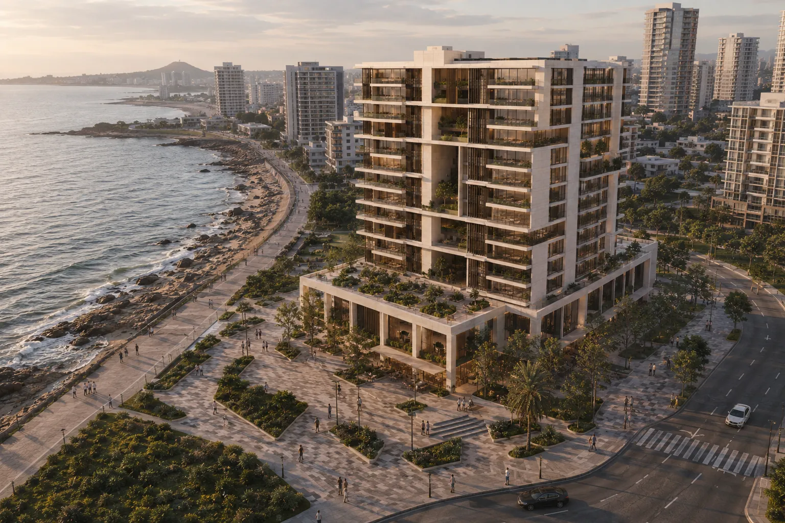 Vista aérea conceptual de Litoral 14, su plaza pública y el paseo marítimo