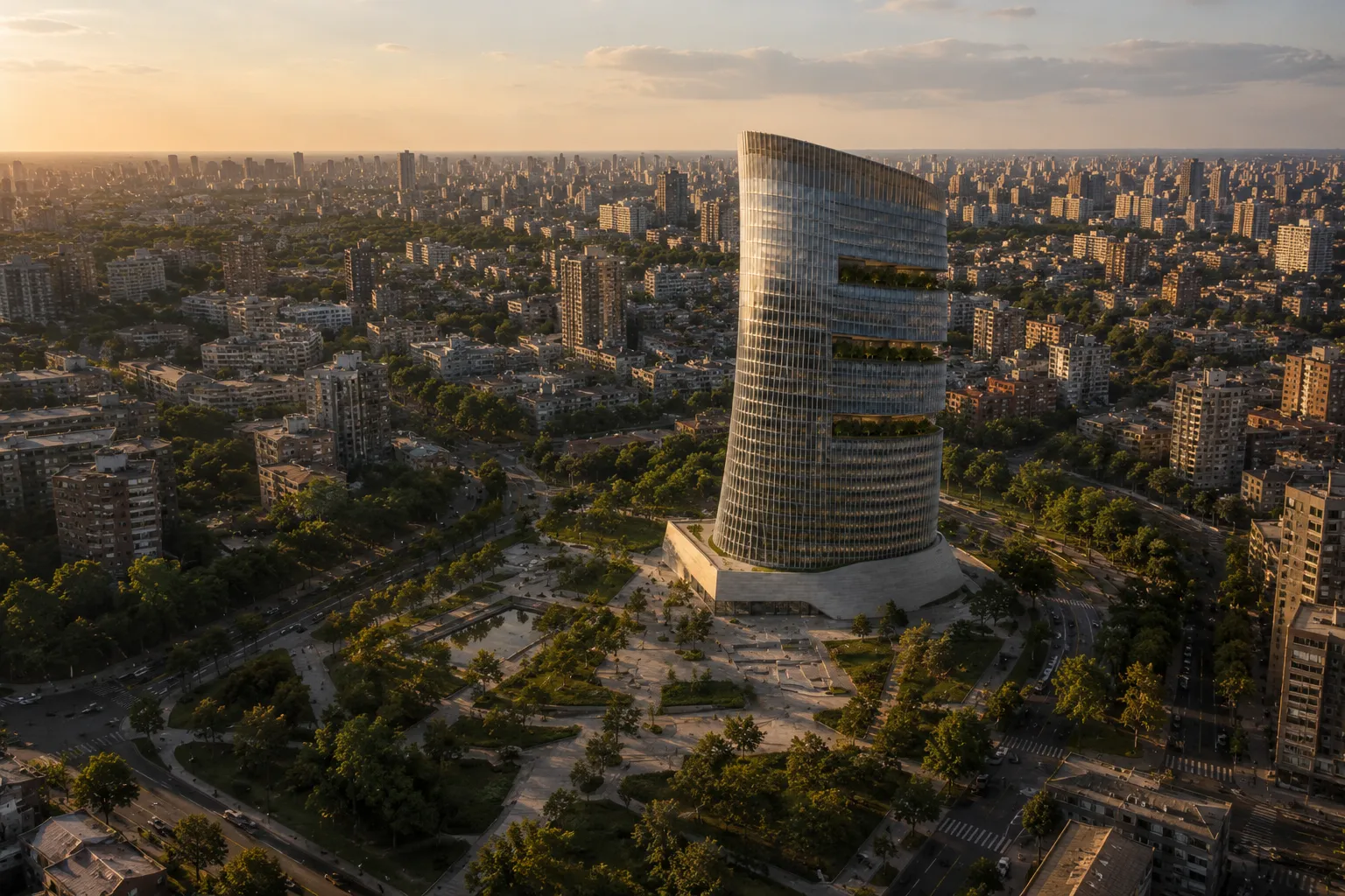 Vista aérea oblicua de Estrato 38, su basamento pétreo, la plaza pública y el contexto urbano ficticio