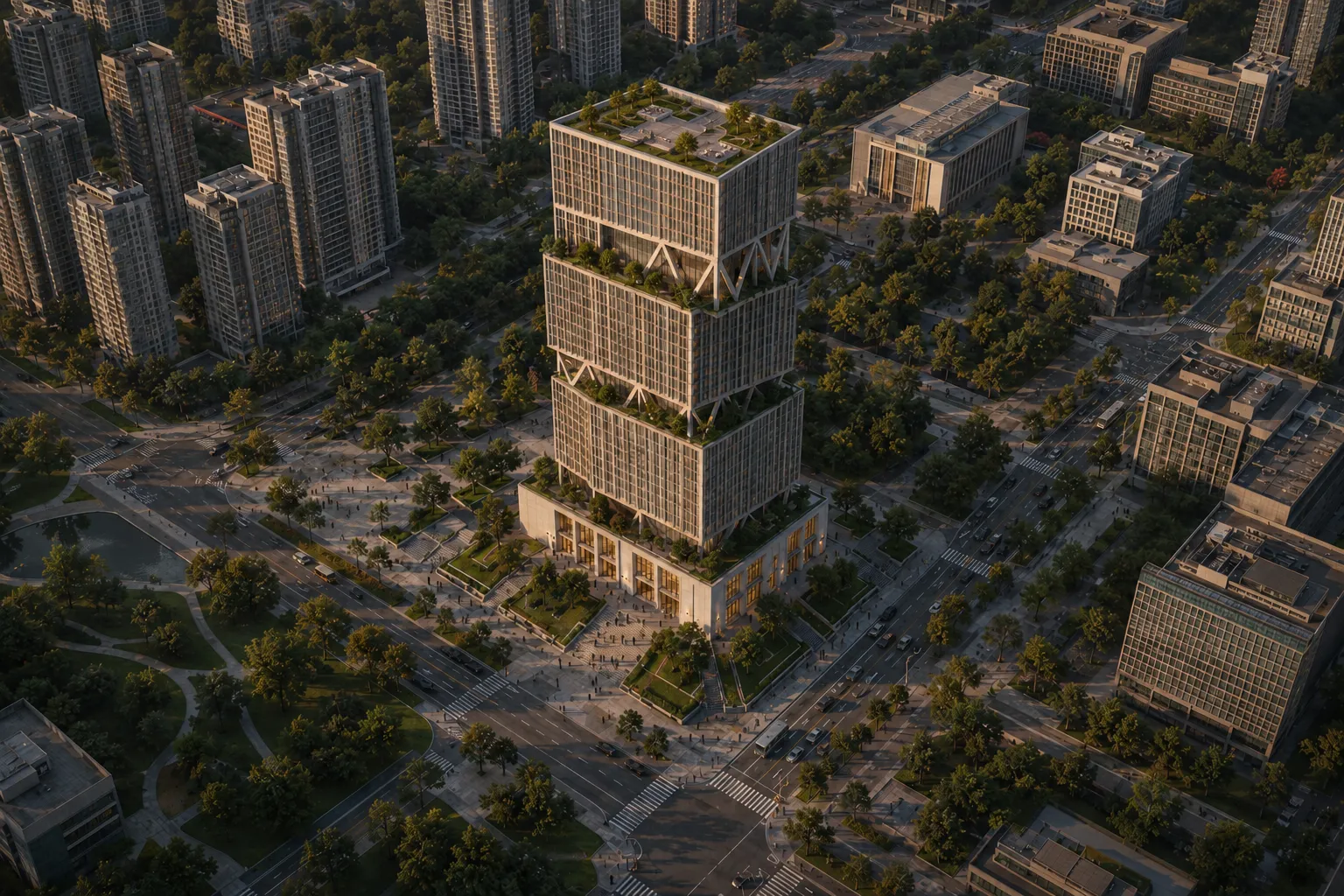 Vista aérea de la implantación conceptual de Trama 46, con la torre, sus accesos y el espacio público circundante