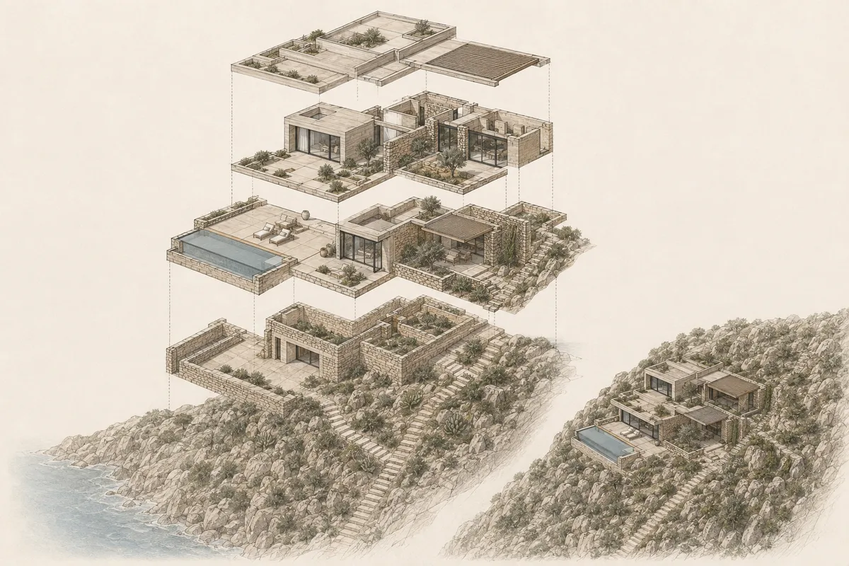 Axonometría explotada conceptual de Cota 21 con plataformas, patios, muros de piedra, piscina y cubiertas