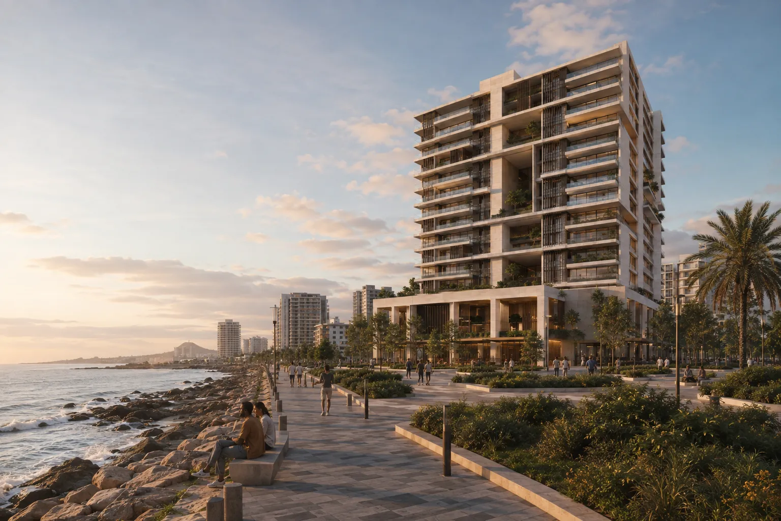 Vista de Litoral 14 desde el paseo costero junto a la bahía