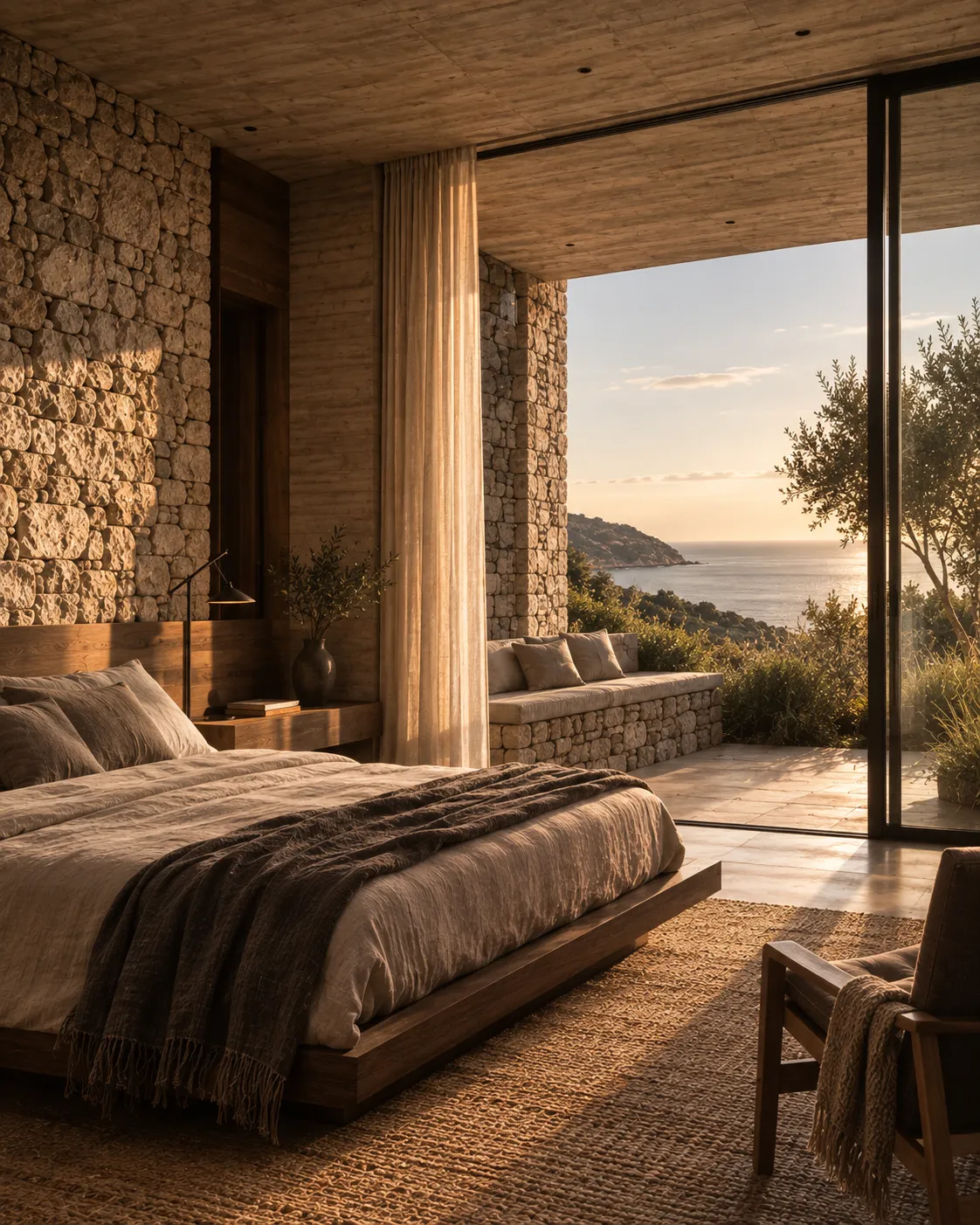 Dormitorio principal de Cota 21 con muro de piedra, cama de madera, vidrio y vistas hacia la ladera y el mar
