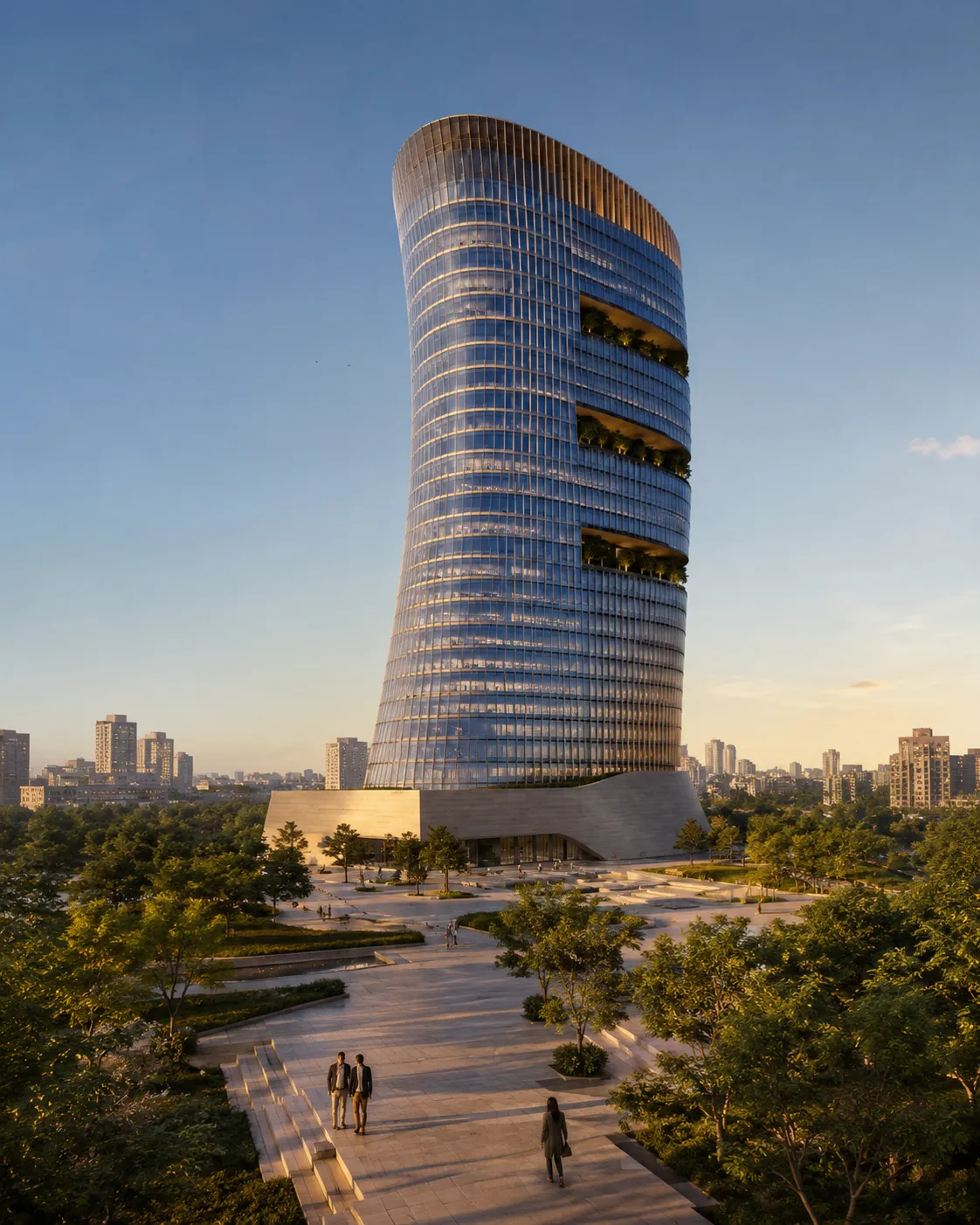 Vista vertical de Estrato 38 desde la plaza pública, con el basamento pétreo y la torre curva