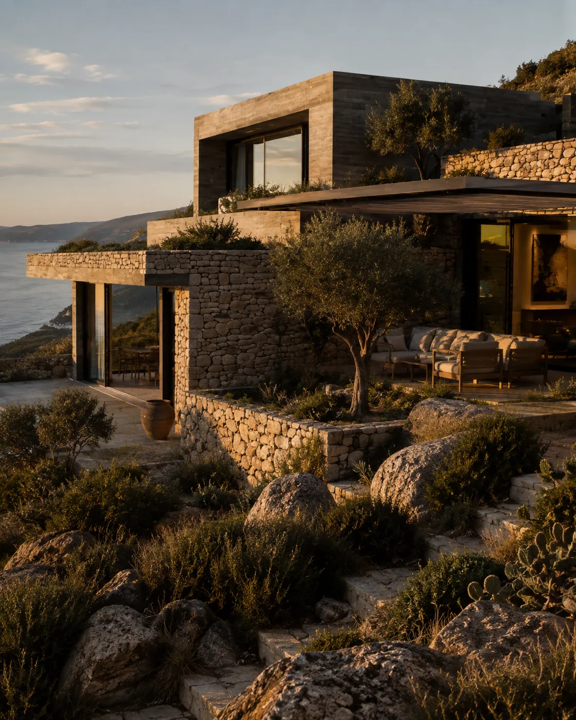 Residencia conceptual Cota 21, compuesta por volúmenes escalonados de piedra, hormigón y vidrio sobre una ladera costera