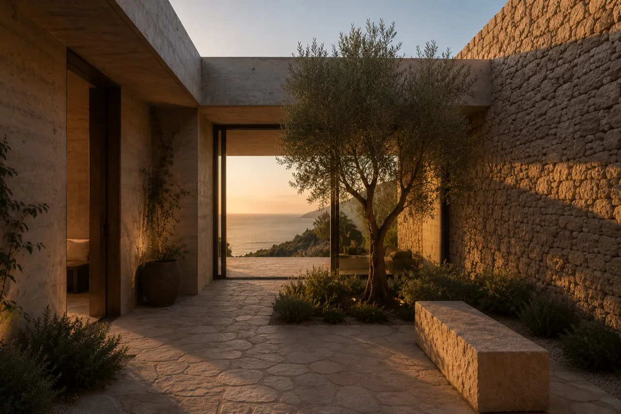 Patio interior de Cota 21 con olivo central, muros de piedra, hormigón y apertura hacia el mar