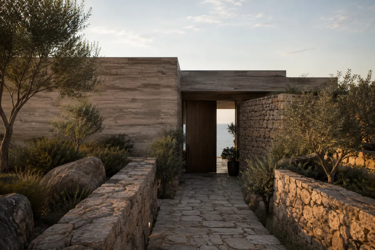 Acceso de Cota 21 entre muros de piedra y vegetación mediterránea, con puerta de madera y apertura hacia el mar