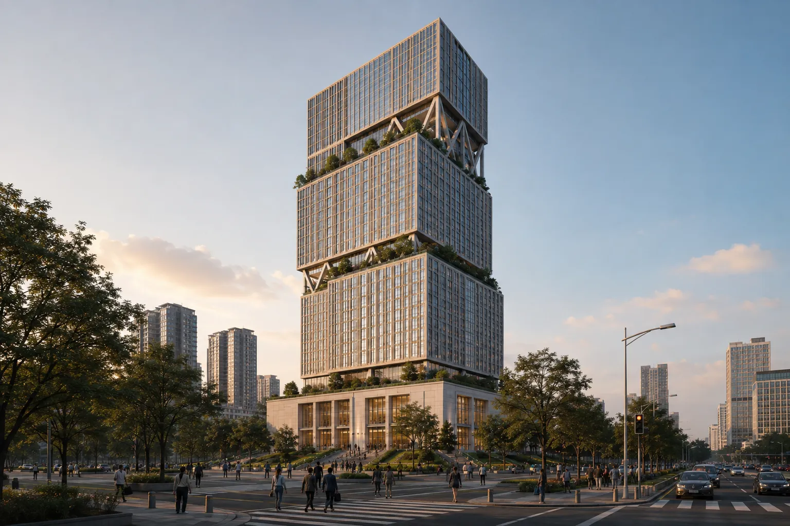 Visualización conceptual de Trama 46, una torre de tres volúmenes desplazados sobre un basamento público
