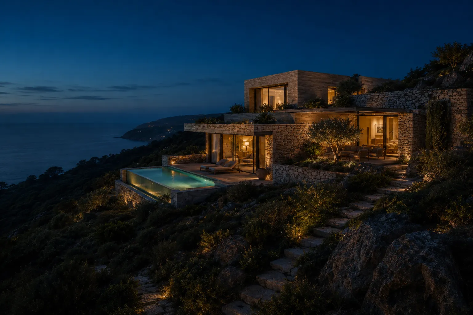 Vista nocturna de Cota 21 con volúmenes escalonados, terrazas iluminadas, piscina y muros de piedra sobre la ladera