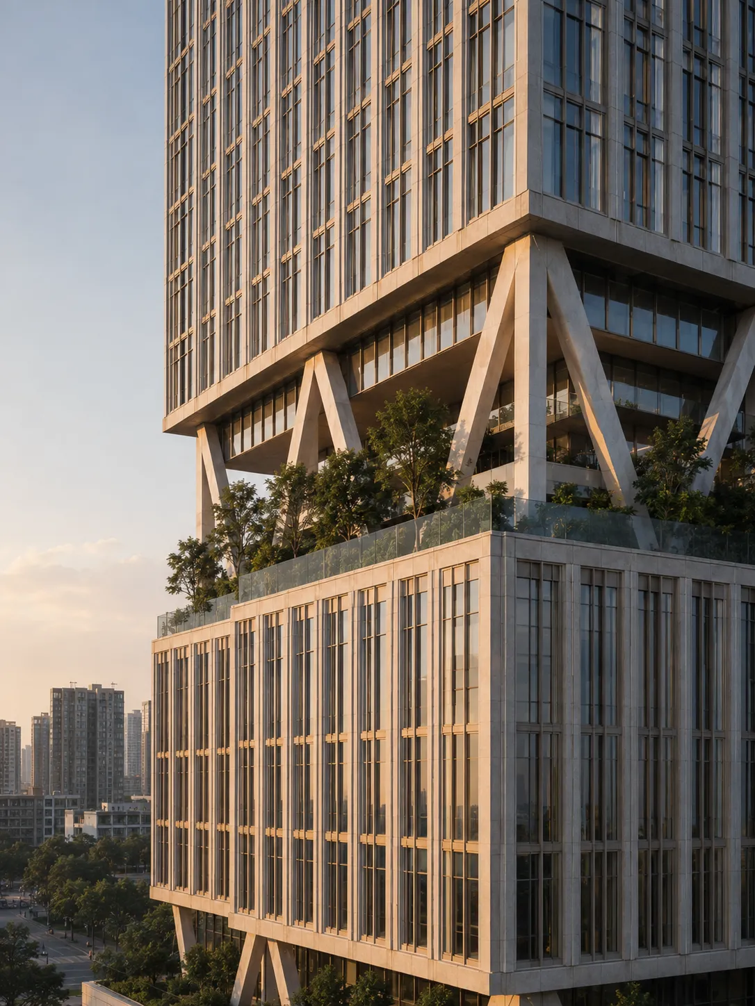 Detalle vertical de la fachada, la estructura diagonal y una terraza de Trama 46