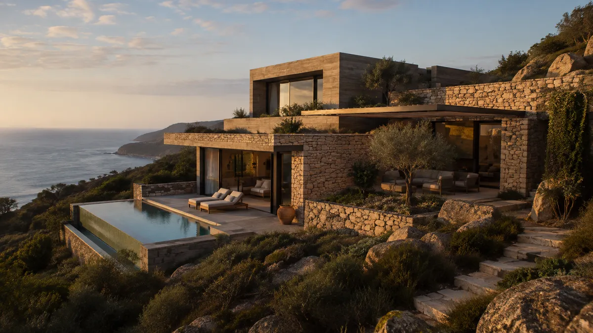 Residencia conceptual Cota 21, compuesta por volúmenes escalonados de piedra, hormigón y vidrio sobre una ladera costera