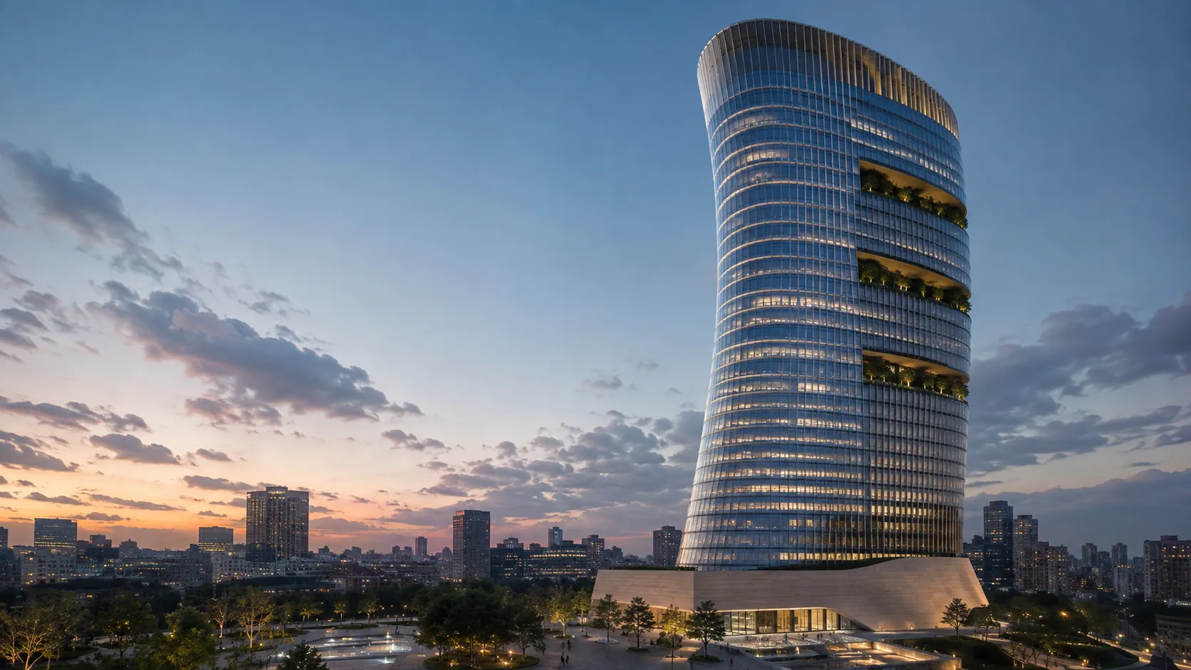 Visualización conceptual de Estrato 38, una torre curva de oficinas con tres jardines elevados sobre un basamento pétreo