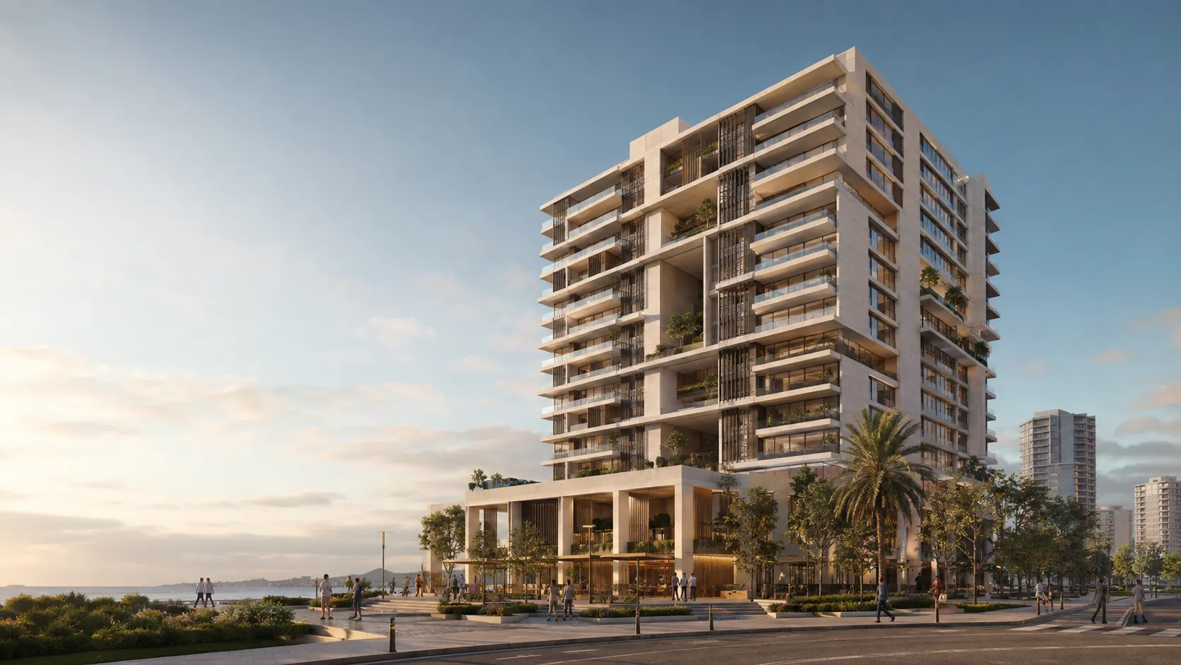 Visualización conceptual de Litoral 14, un edificio residencial con terrazas ajardinadas frente al mar