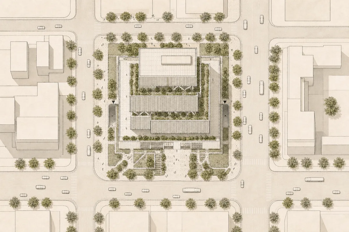 Plano de implantación conceptual de Trama 46 con la torre, la plaza, los accesos y el contexto urbano inmediato