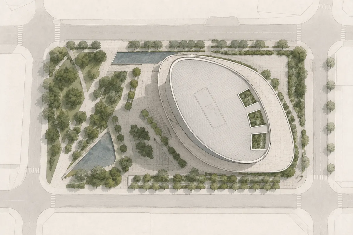 Plano cenital conceptual de implantación de Estrato 38 con torre curva, plaza arbolada, recorridos y espejos de agua
