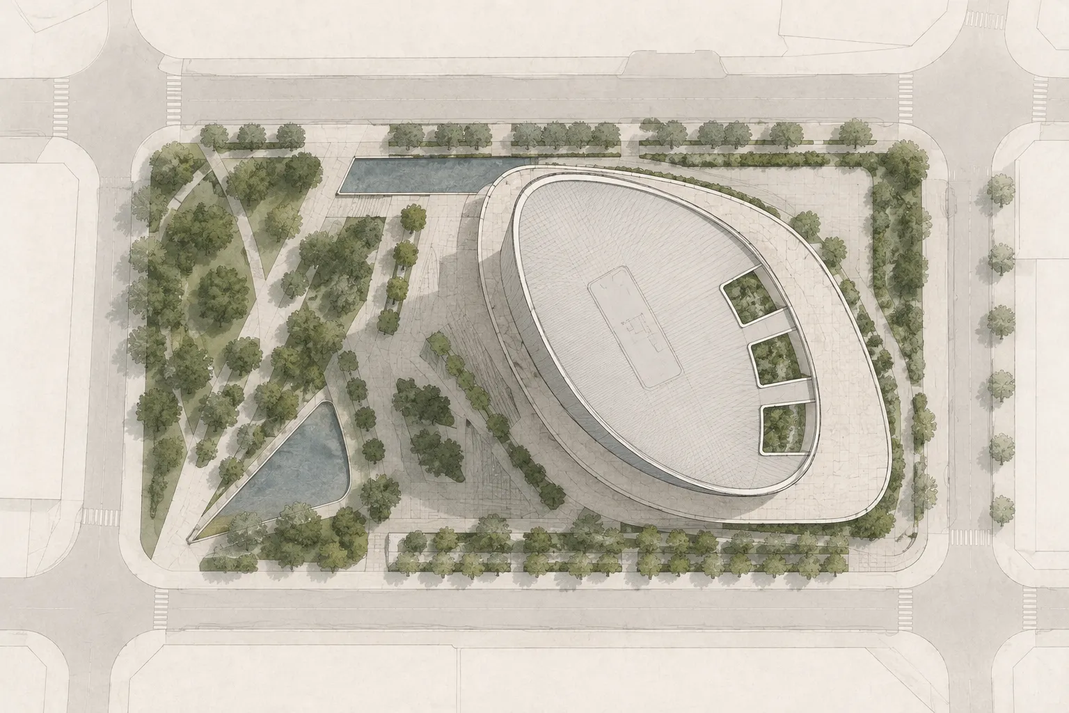 Plano cenital conceptual de implantación de Estrato 38 con torre curva, plaza arbolada, recorridos y espejos de agua
