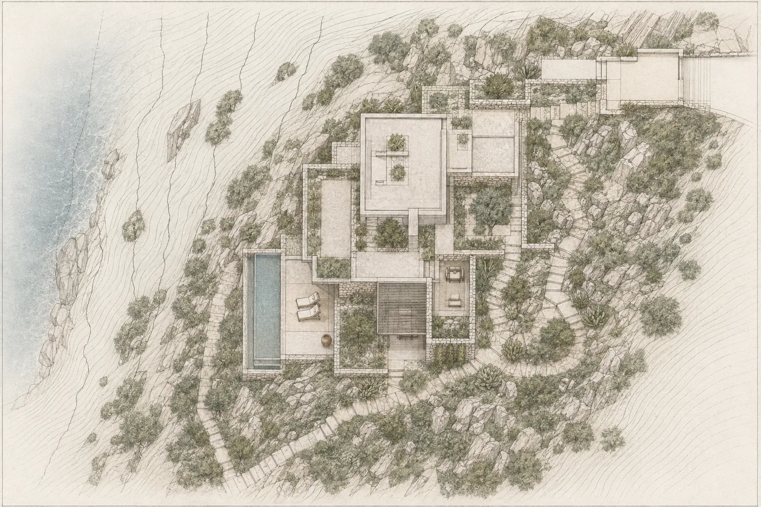 Plano cenital conceptual de implantación de Cota 21 sobre una ladera rocosa junto al mar, con plataformas, piscina y recorridos