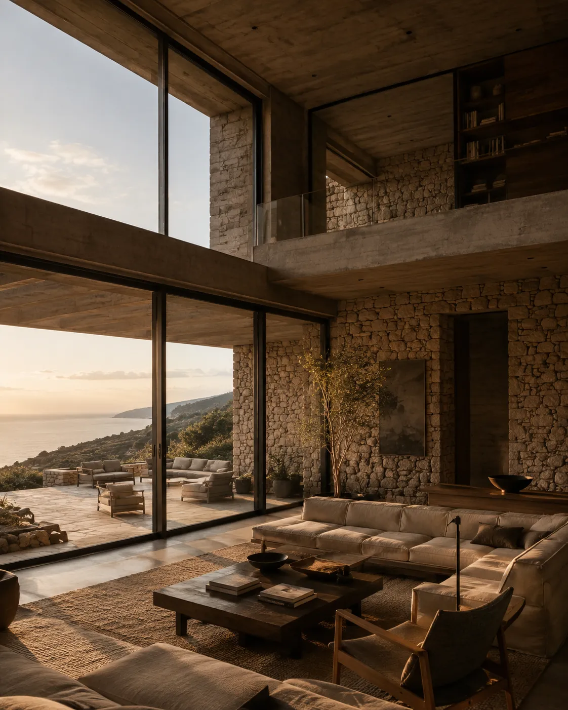 Sala de estar de Cota 21 con muro de piedra, hormigón visto, biblioteca y apertura hacia el mar