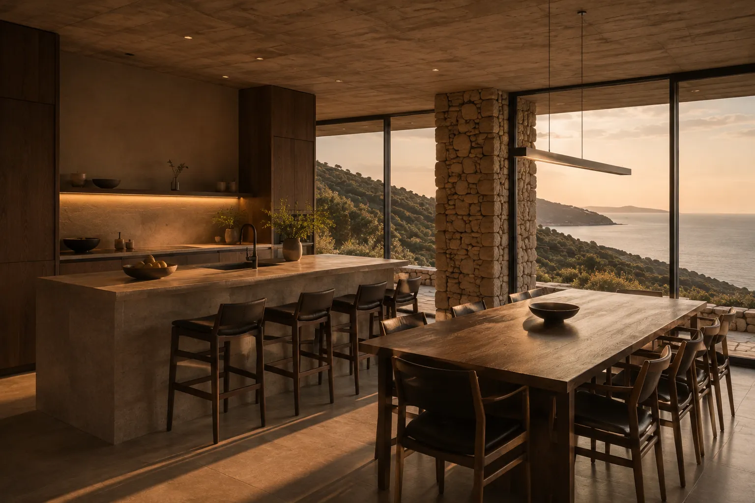 Cocina y comedor de Cota 21 con isla de piedra, mobiliario de madera, muro de piedra y vistas al mar