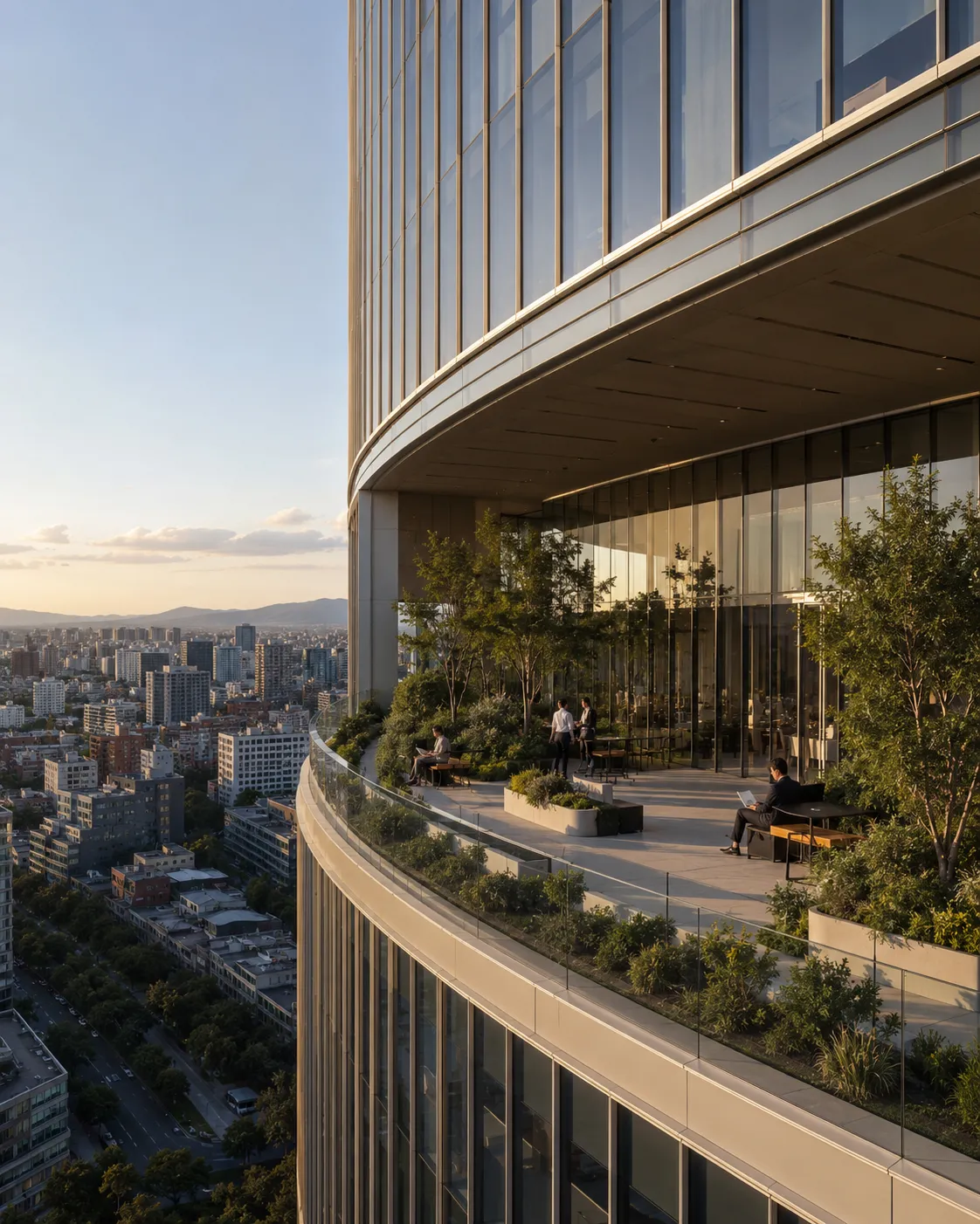 Jardín elevado de Estrato 38 integrado en la fachada curva de vidrio y aluminio
