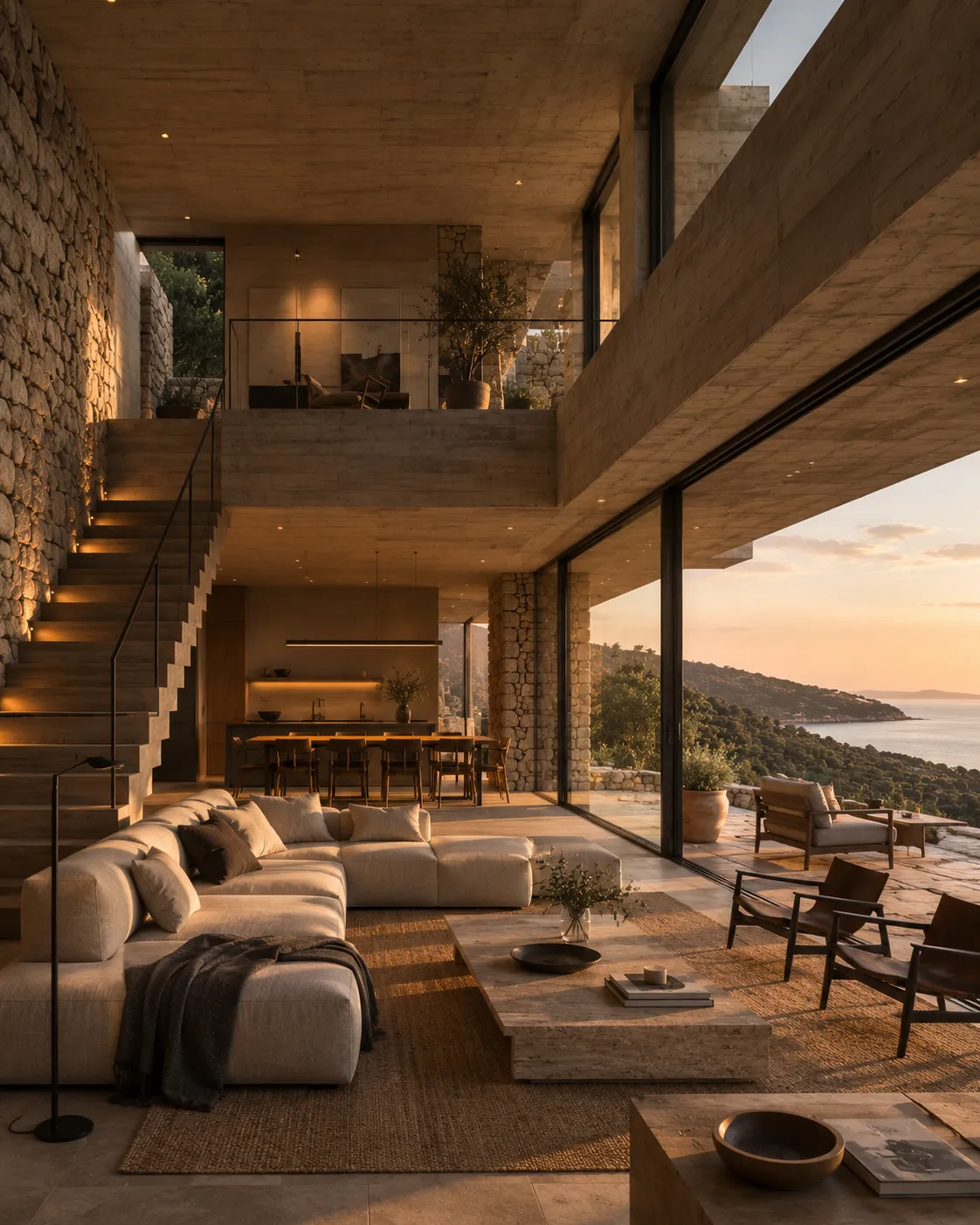 Estar principal de Cota 21 en doble altura con escalera, cocina, piedra, hormigón y vistas hacia el paisaje costero