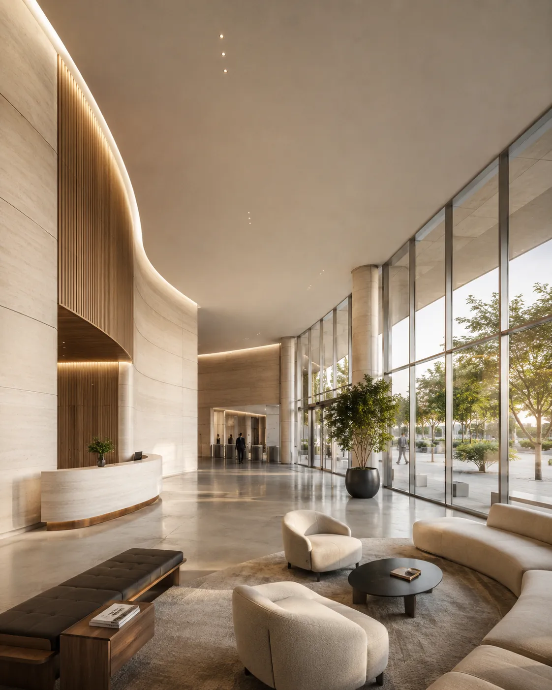 Lobby interior de Estrato 38 con piedra clara, recepción curva y fachada acristalada hacia la plaza