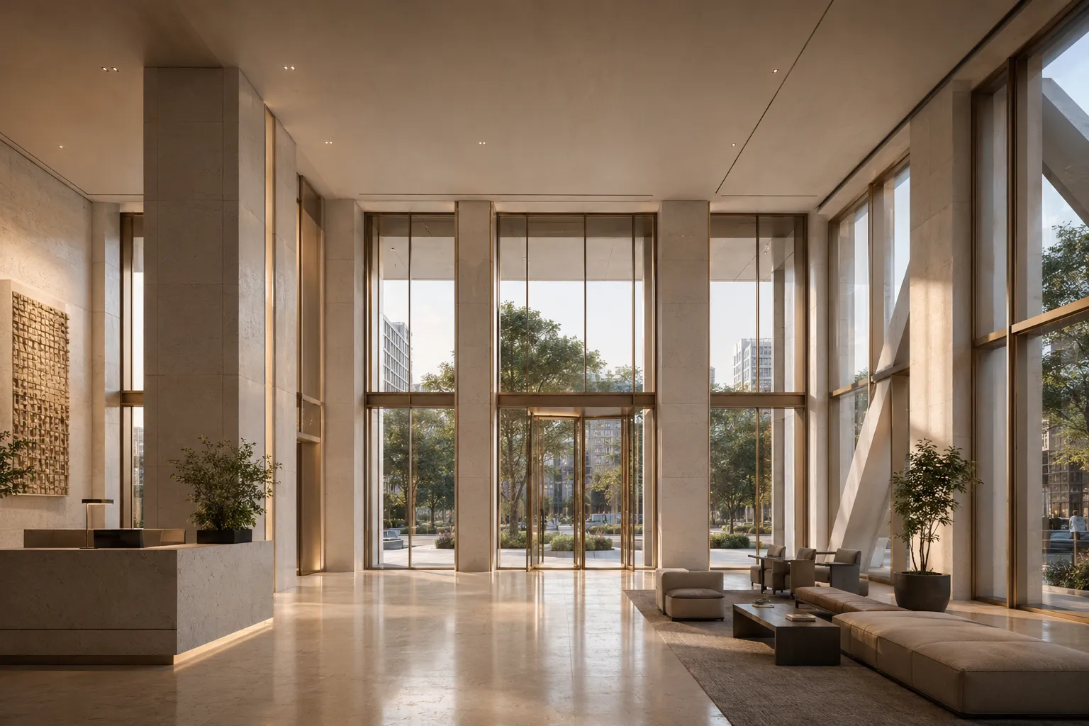 Lobby conceptual de Trama 46 con piedra clara, vidrio y carpinterías metálicas