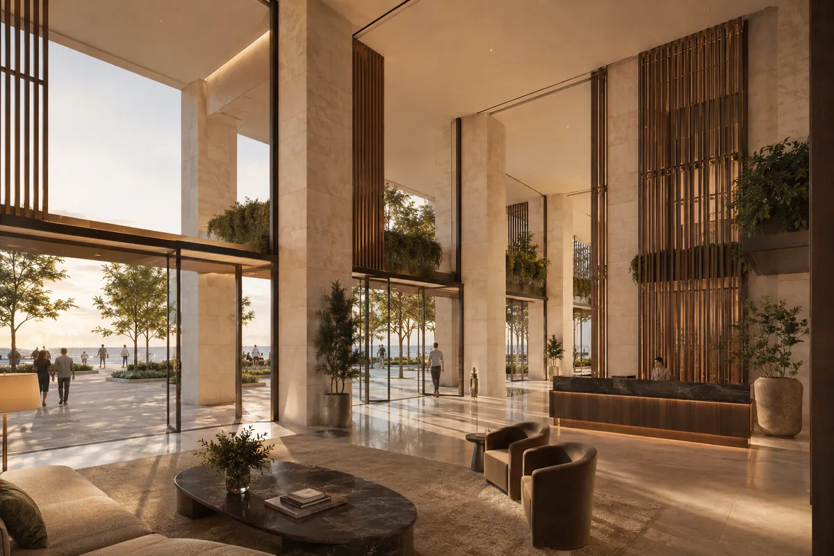 Lobby conceptual de Litoral 14 conectado visualmente con la plaza costera