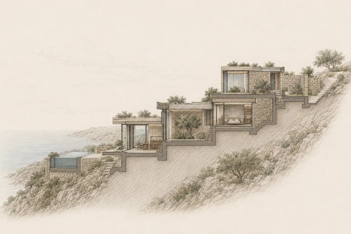 Sección longitudinal conceptual de Cota 21 con volúmenes escalonados, muros de piedra, piscina y ladera costera