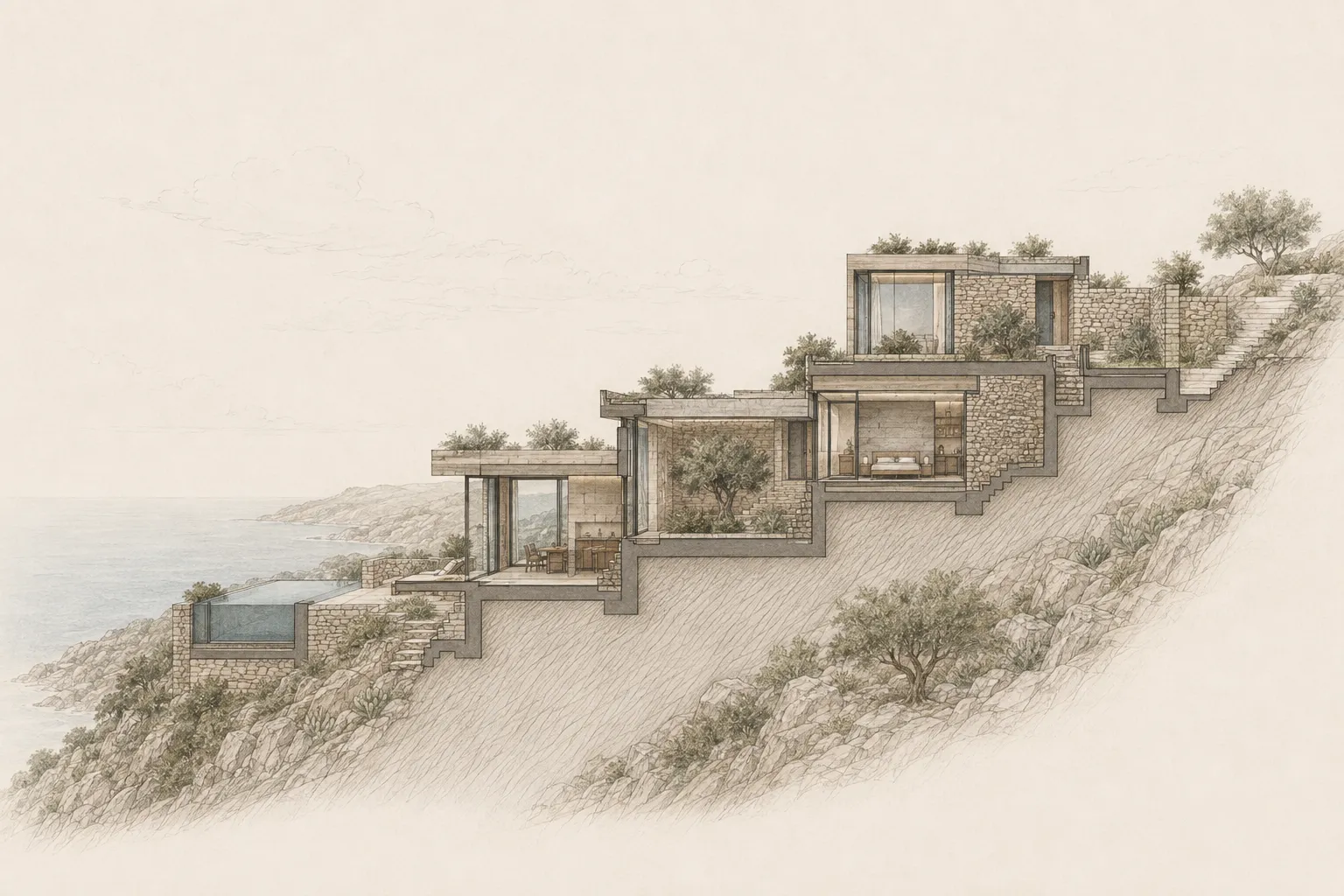 Sección longitudinal conceptual de Cota 21 con volúmenes escalonados, muros de piedra, piscina y ladera costera