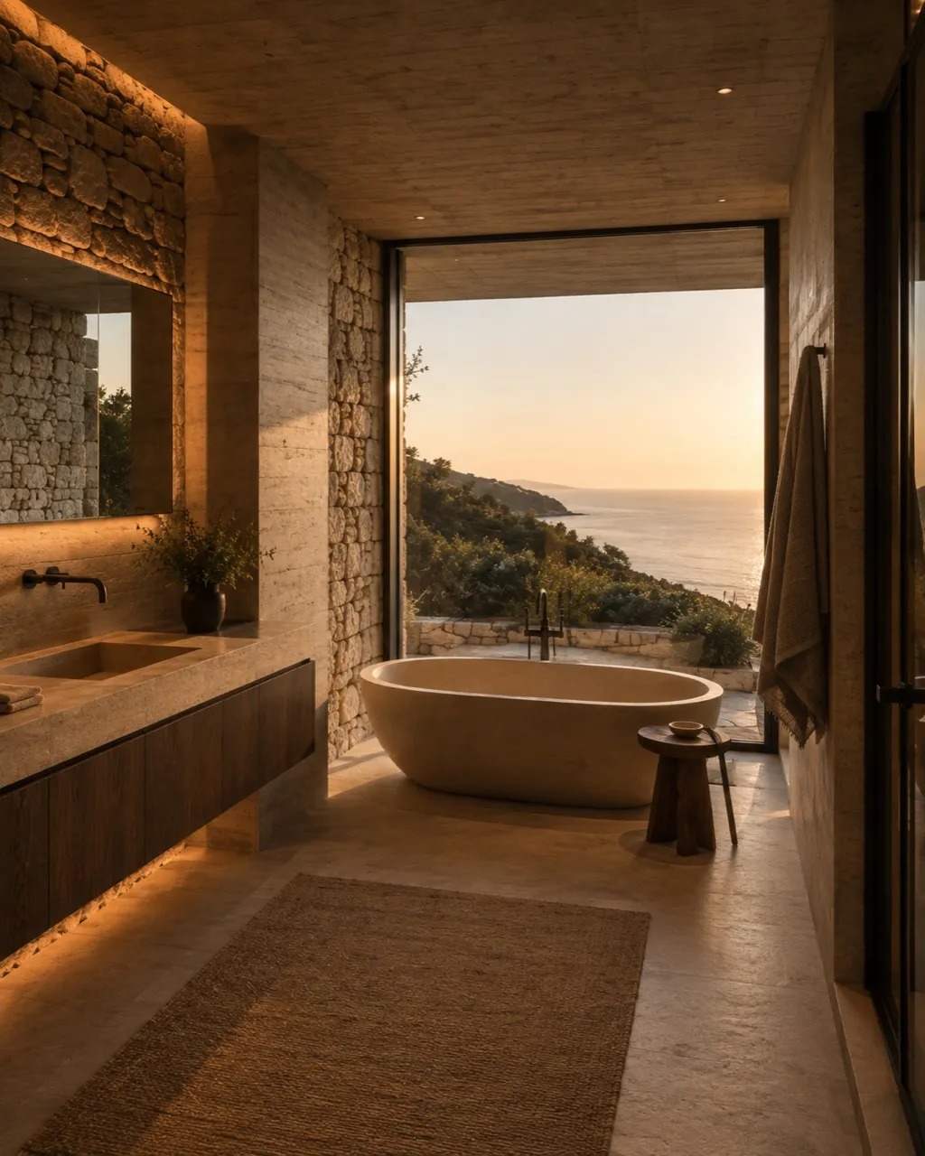 Baño principal de Cota 21 con bañera exenta, lavabo de piedra, muros de piedra y vistas al mar