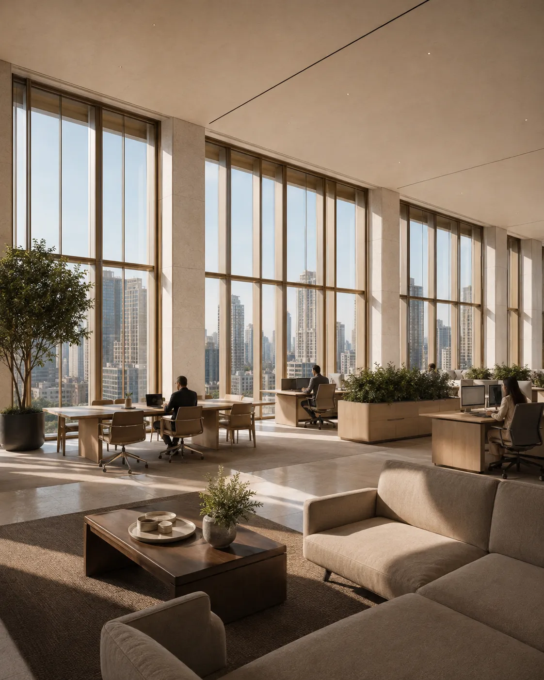 Interior de una planta de oficinas de Trama 46 con fachada acristalada y vistas hacia la ciudad