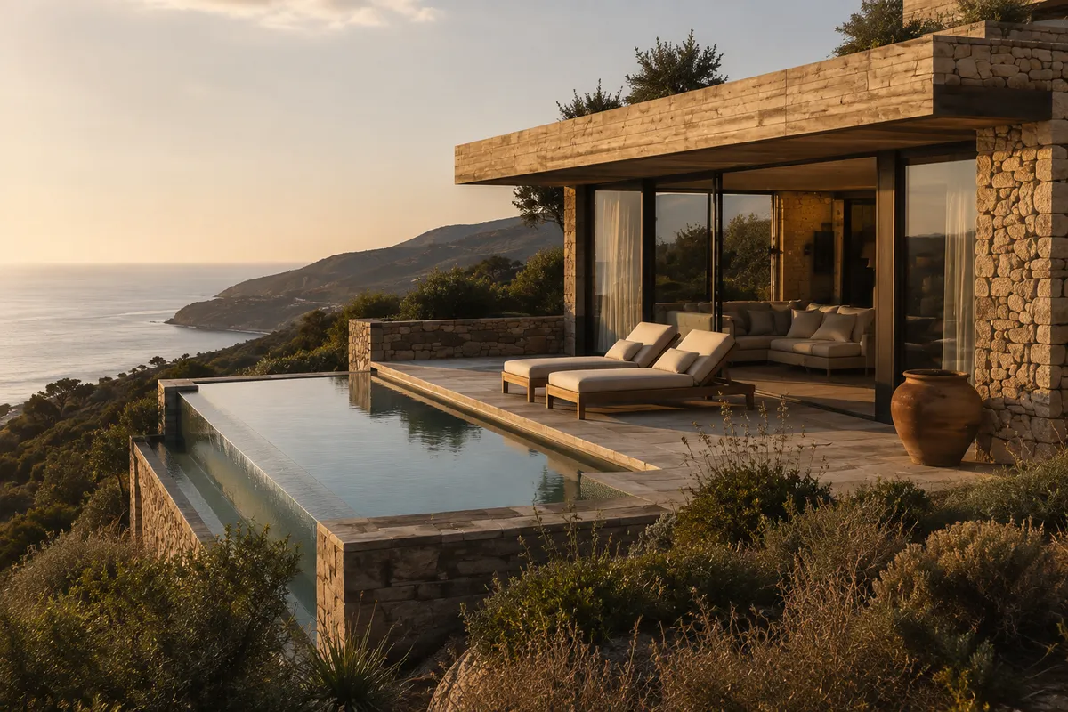 Terraza principal de Cota 21 con piscina lateral, solárium de piedra, muros de contención y vistas al mar