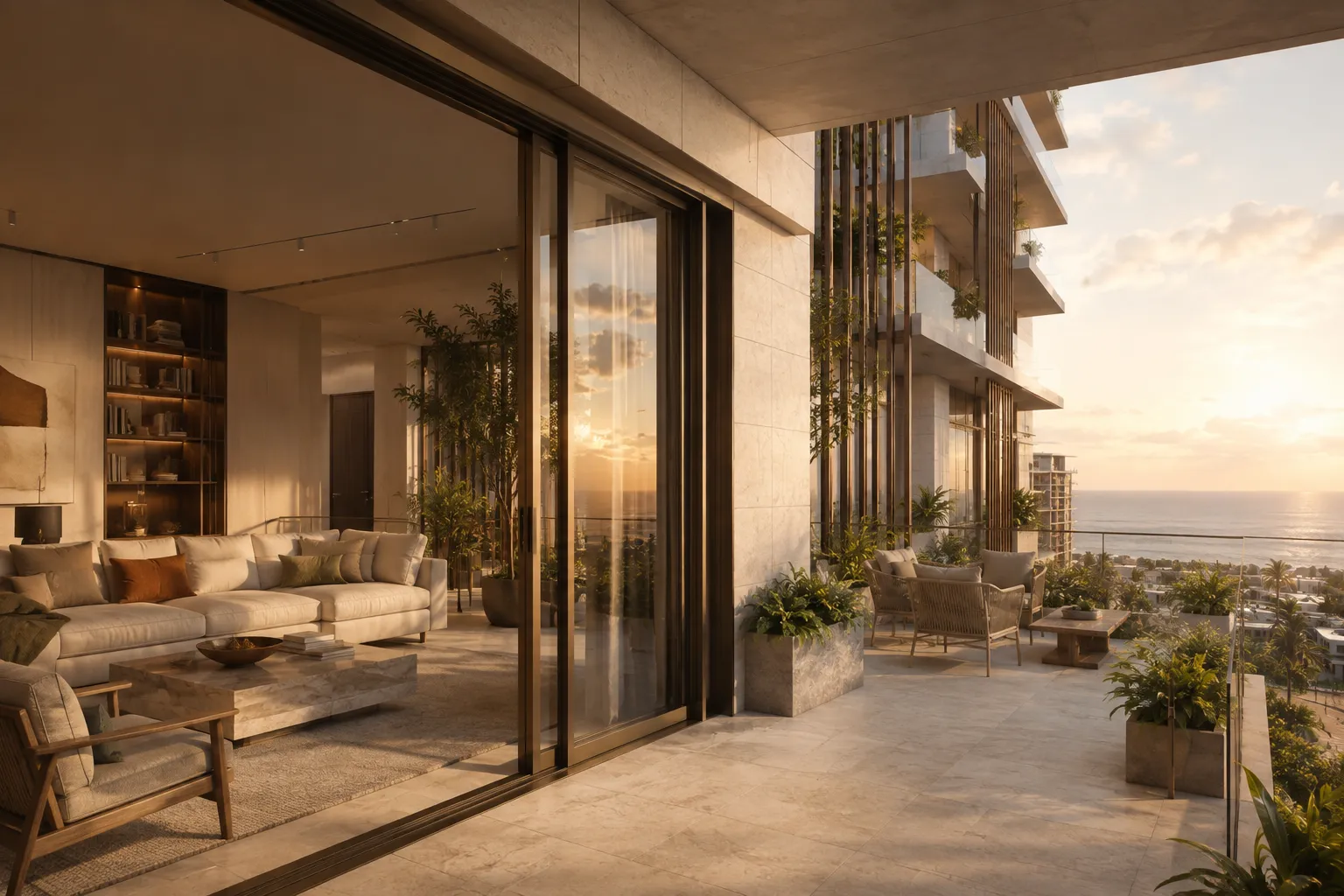 Interior residencial de Litoral 14 conectado con una terraza frente al mar