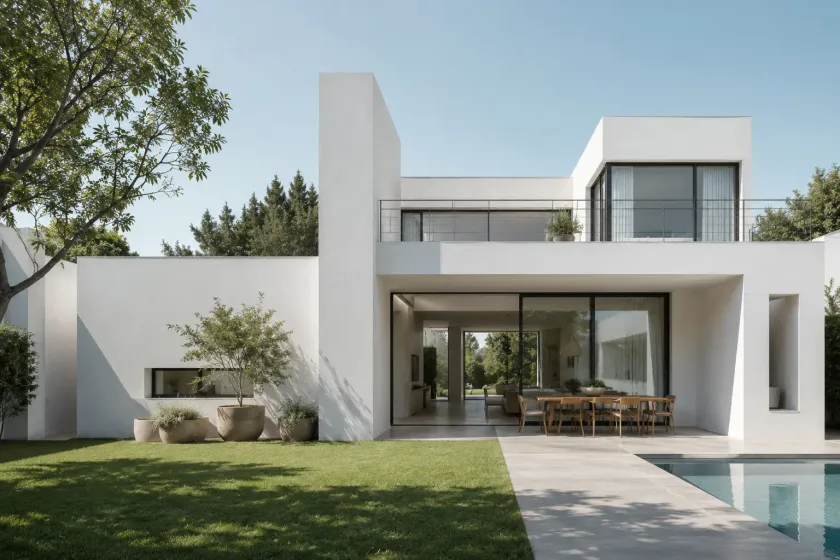 Fotografía de residencia unifamiliar contemporánea con líneas arquitectónicas limpias y grandes ventanales