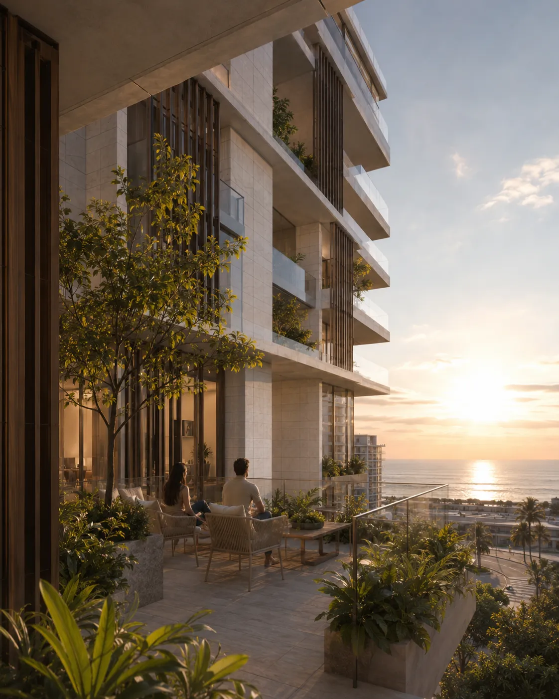 Terraza residencial ajardinada de Litoral 14 orientada hacia el mar