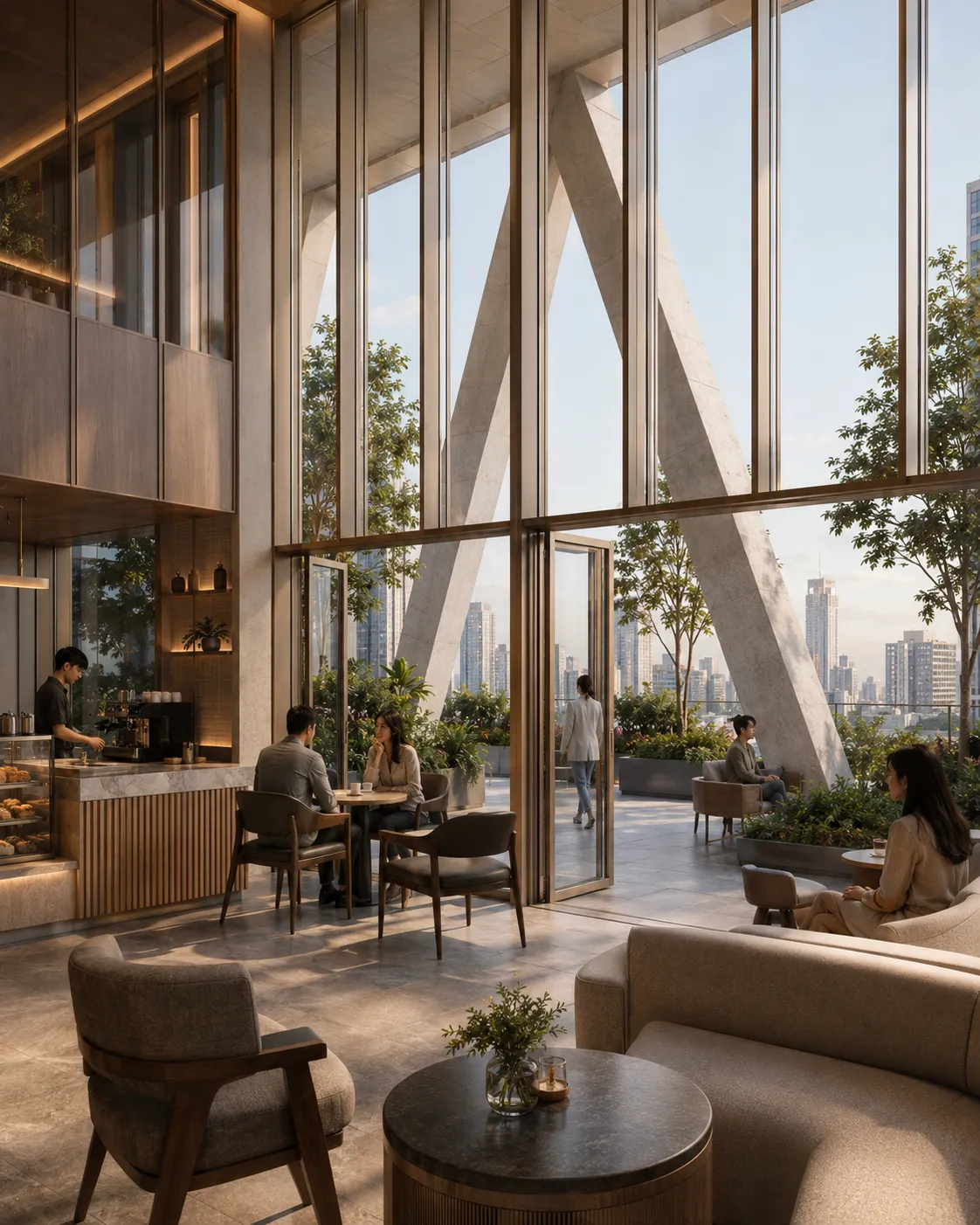 Espacio interior común de Trama 46 conectado con una terraza elevada y enmarcado por la estructura diagonal