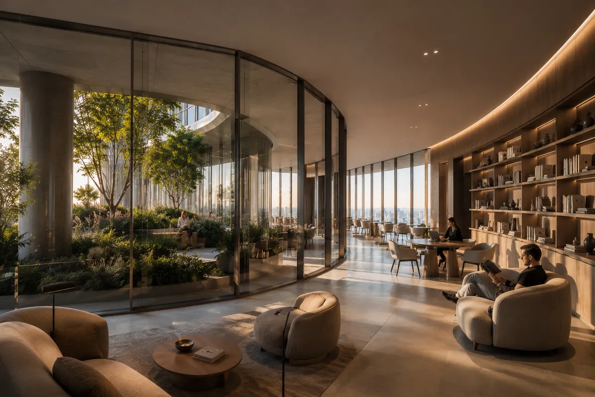 Espacio común elevado de Estrato 38 con lounge, biblioteca y jardín interior junto a la fachada curva