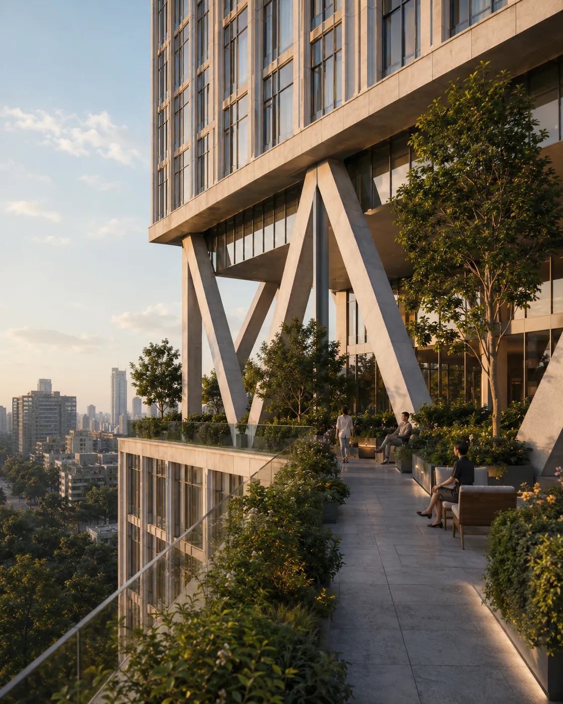 Terraza elevada de Trama 46 con vegetación, áreas de estancia y estructura diagonal visible