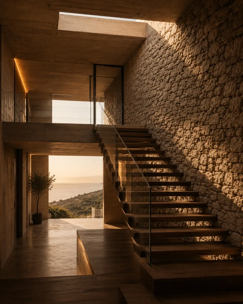 Escalera interior de Cota 21 con peldaños de madera, muro de piedra, hormigón, vidrio y vista hacia la ladera costera