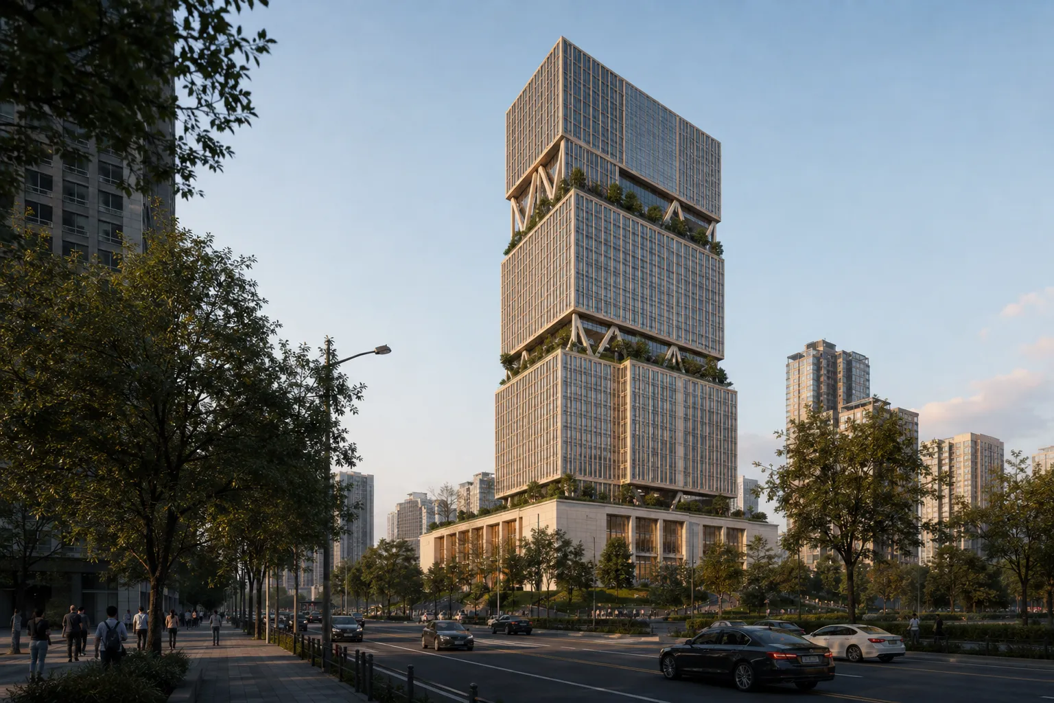 Visualización conceptual de Trama 46 desde una avenida arbolada con peatones y tránsito urbano