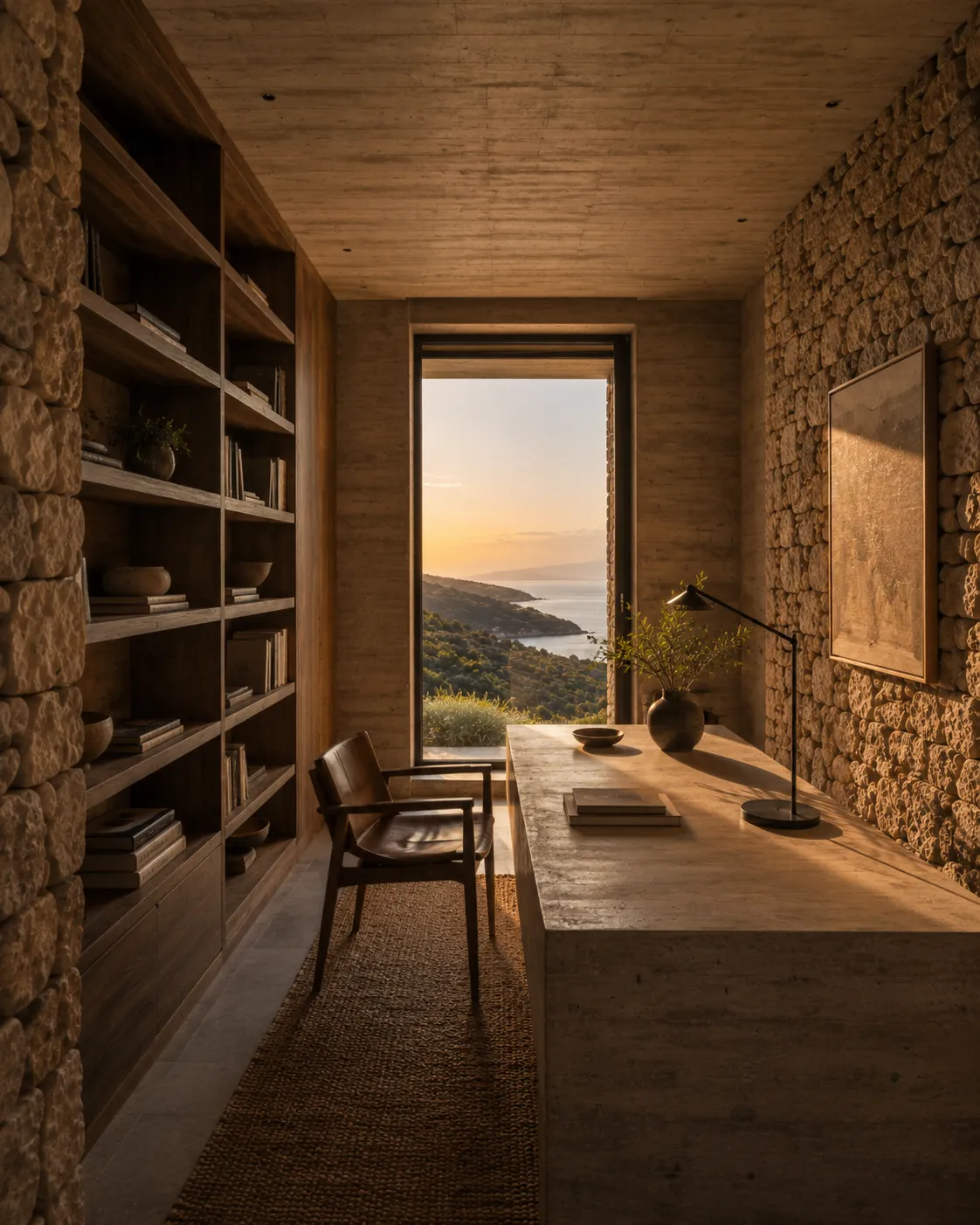 Estudio-biblioteca de Cota 21 con estantería de madera, muro de piedra, escritorio de hormigón y vistas al mar