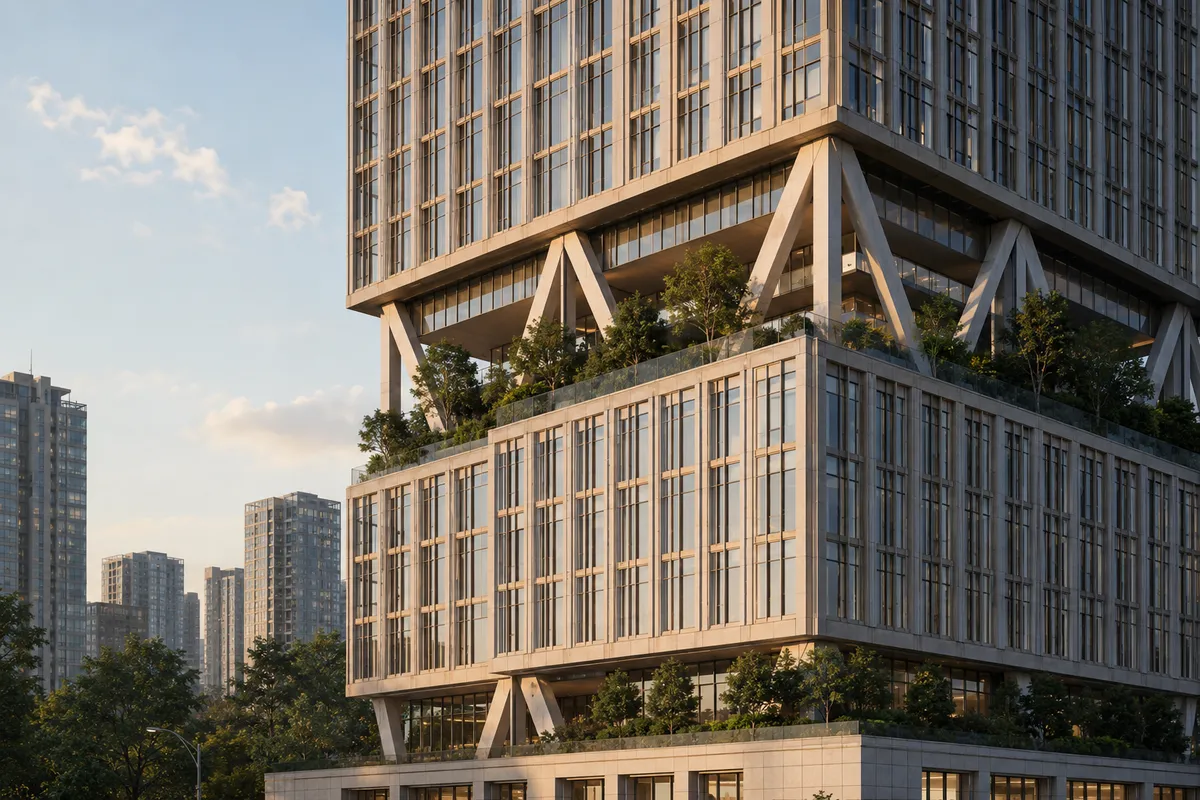 Detalle exterior de Trama 46 con marcos diagonales, fachada modular y vegetación en un nivel de transferencia