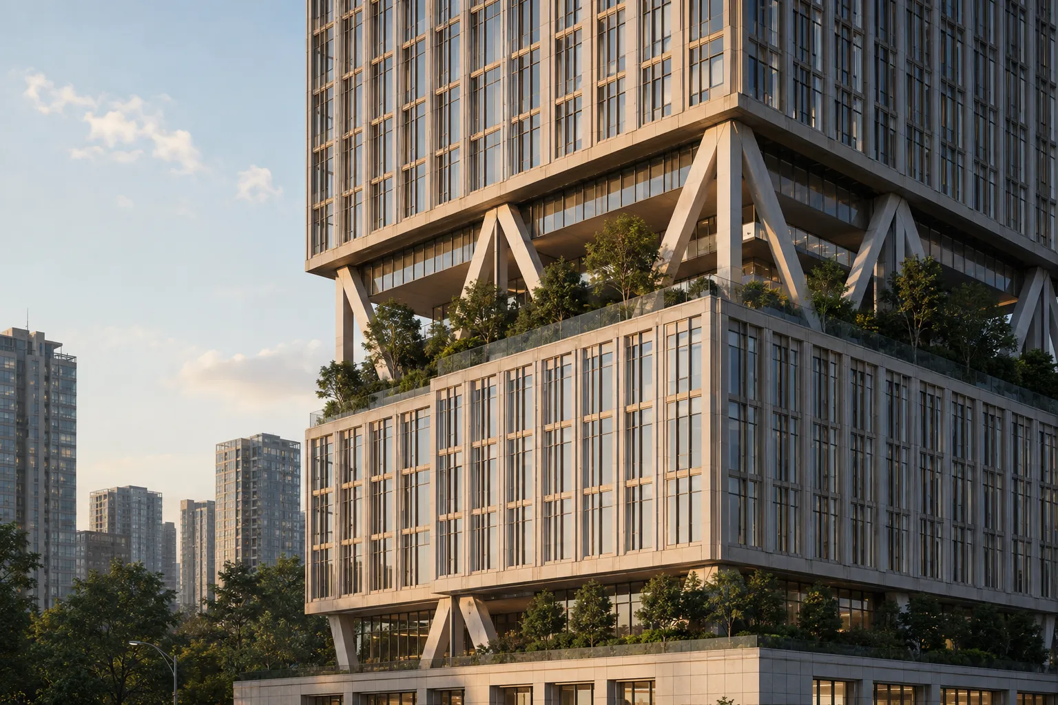 Detalle exterior de Trama 46 con marcos diagonales, fachada modular y vegetación en un nivel de transferencia