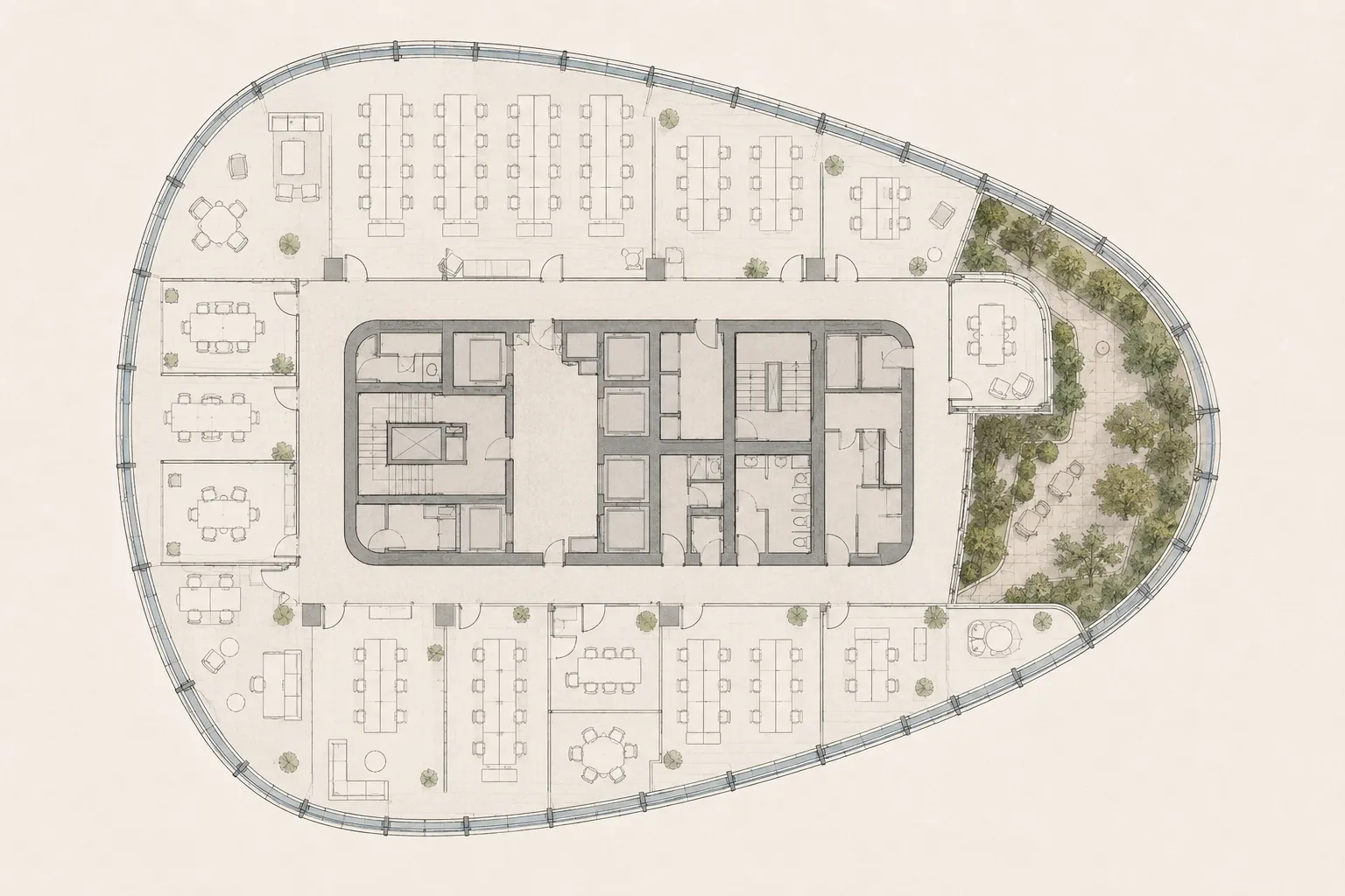 Planta tipo conceptual de Estrato 38 con núcleo central, oficinas abiertas, salas de reunión y jardín elevado
