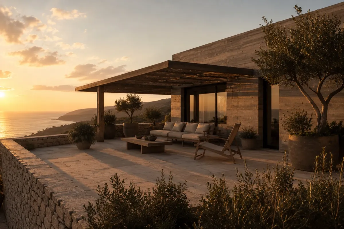Terraza superior de Cota 21 extendida hacia el paisaje costero, con pérgola de madera, vegetación mediterránea y vistas al mar
